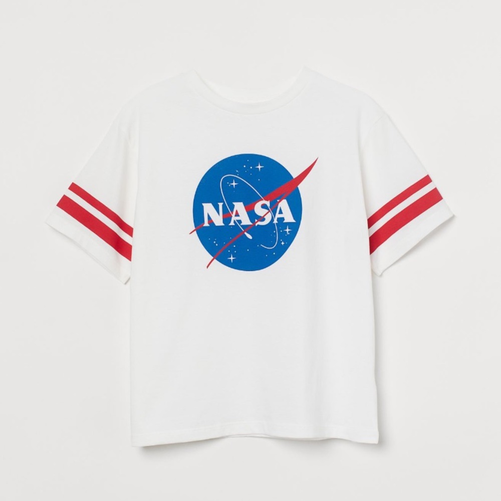 H&M NASA t-shirt with red stripes on the sleeves